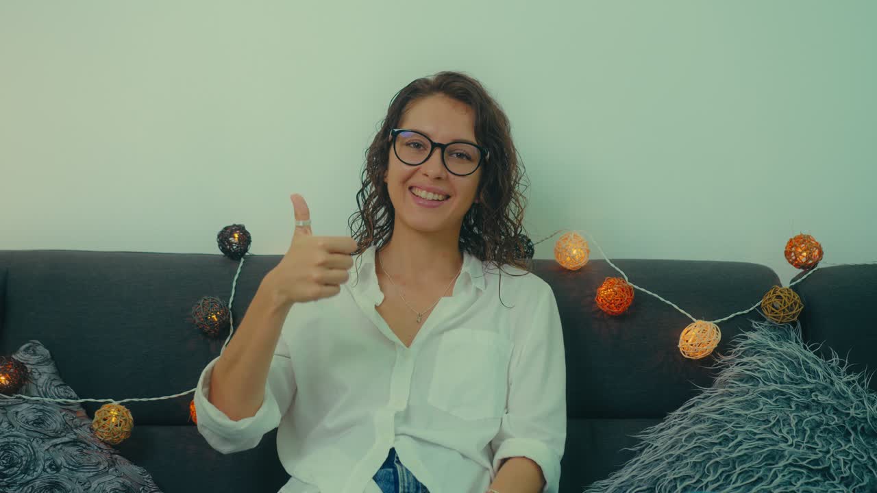 Woman giving thumbs up on a sofa
