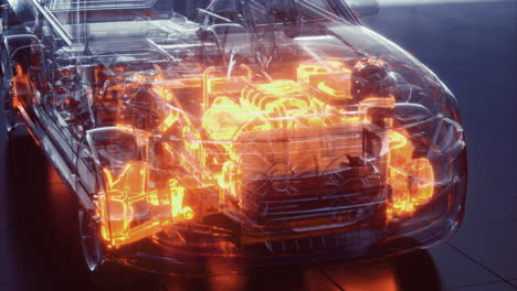 transparent car reveals intricate internal workings and modern design features