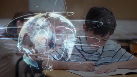 Animation-of-globe-with-network-of-connections-over-schoolboy-writing