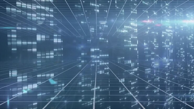 Digital animation of network of connections against screens of mosaic squares on blue background
