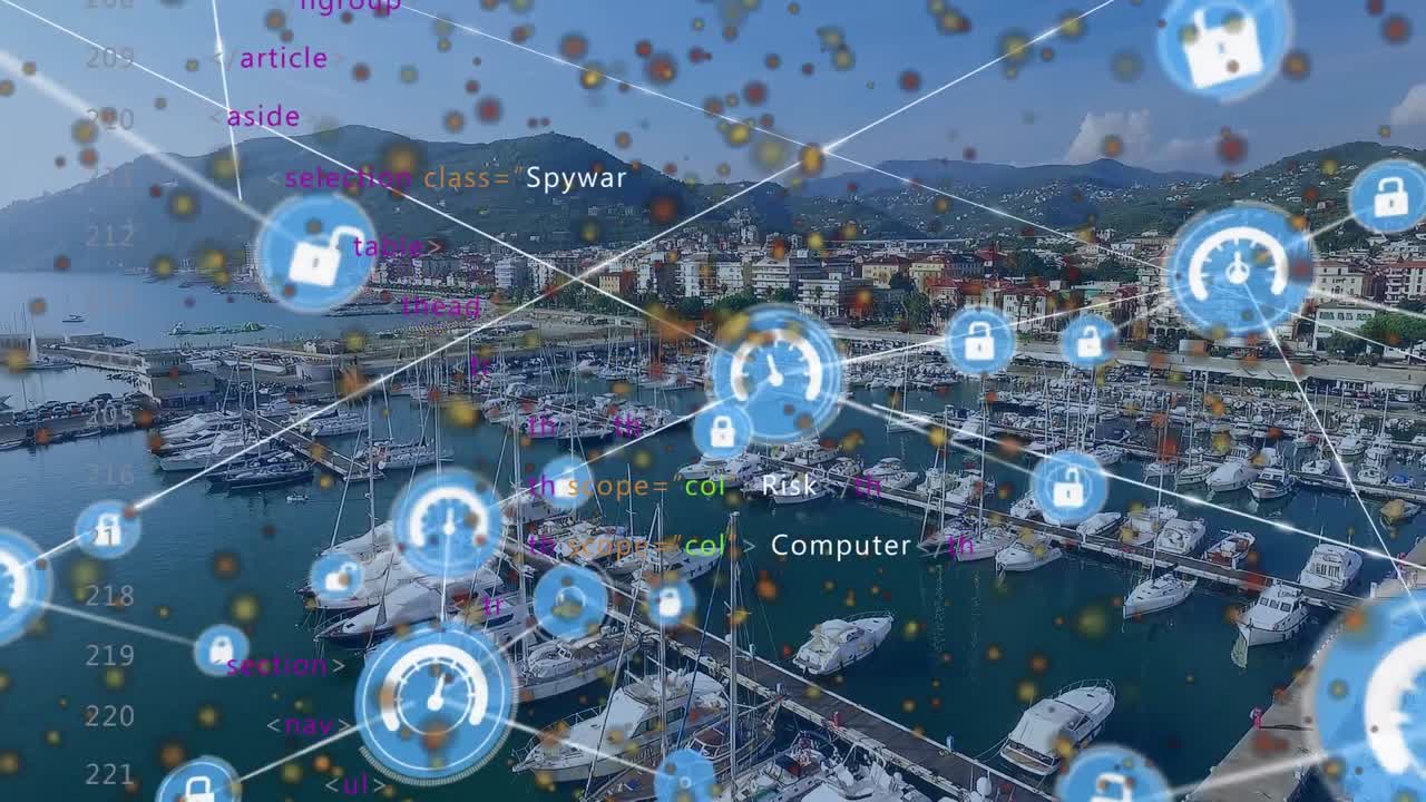 도시 풍경 위의 데이터 처리 애니메이션