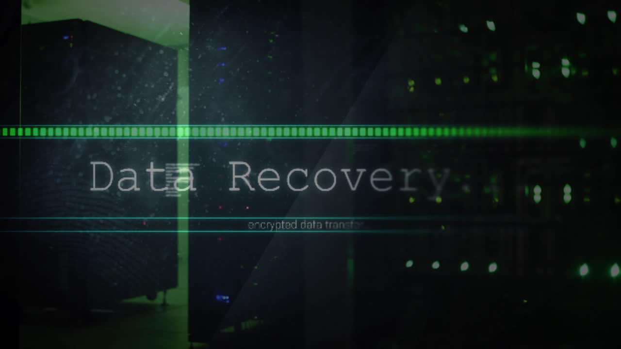 Transferring encrypted data, animation over server room background