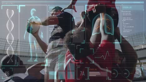 animación de datos y estadísticas del cuerpo humano sobre dos equipos de rugby multiétnicos que juegan rugby