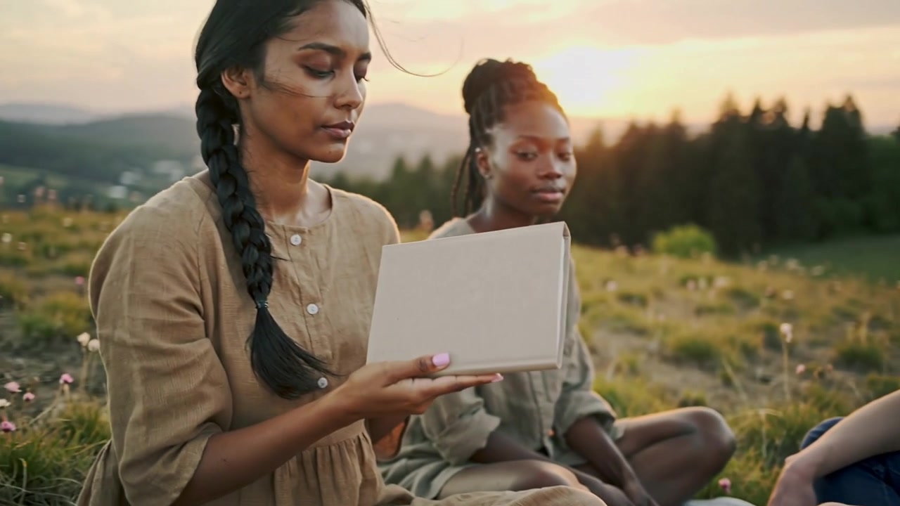 Uomo che consegna un libro impacchettato, donna con trecce che riceve, ispeziona e culla su una collina al tramonto con un vestito di lino.
