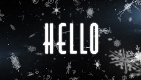 animation of hello over snowflakes and black background