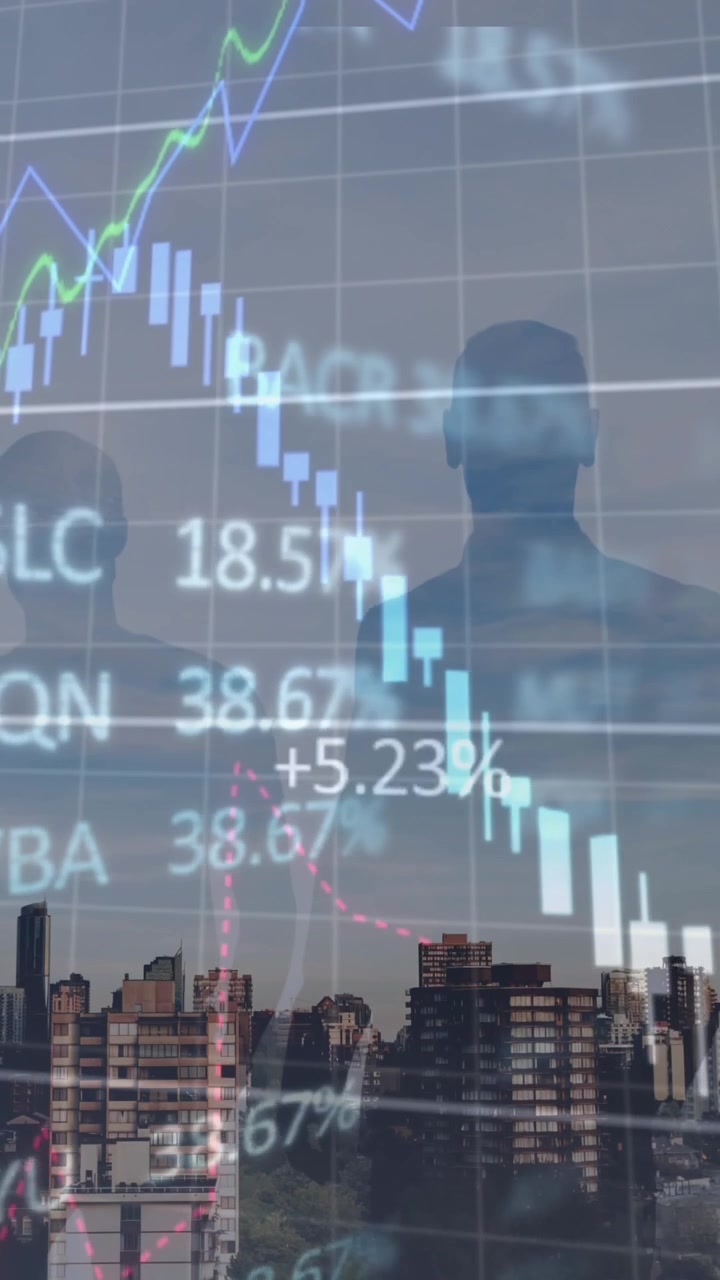 Animazione dell'elaborazione di dati finanziari su un paesaggio urbano