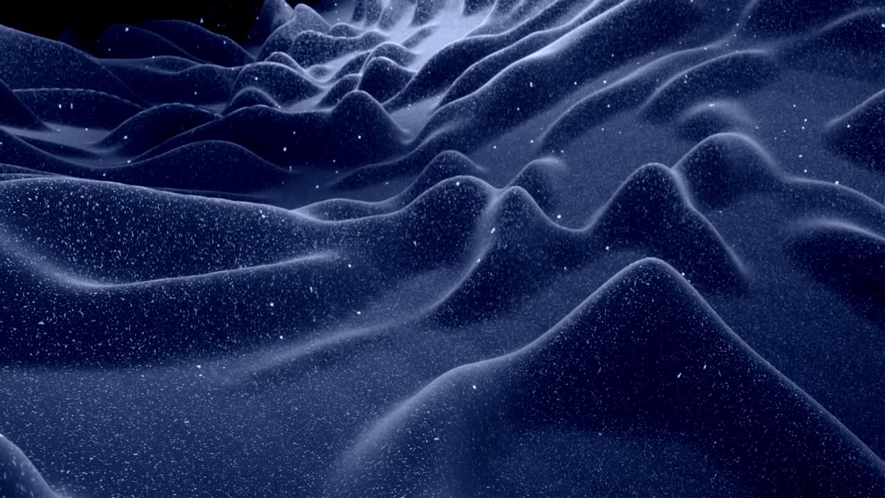 Stylish festive black bg. Fantastical abstract looped background, waves move on glossy surface like landscape made of liquid blue wax with sparkles. Beautiful soft background with smooth animation 4k