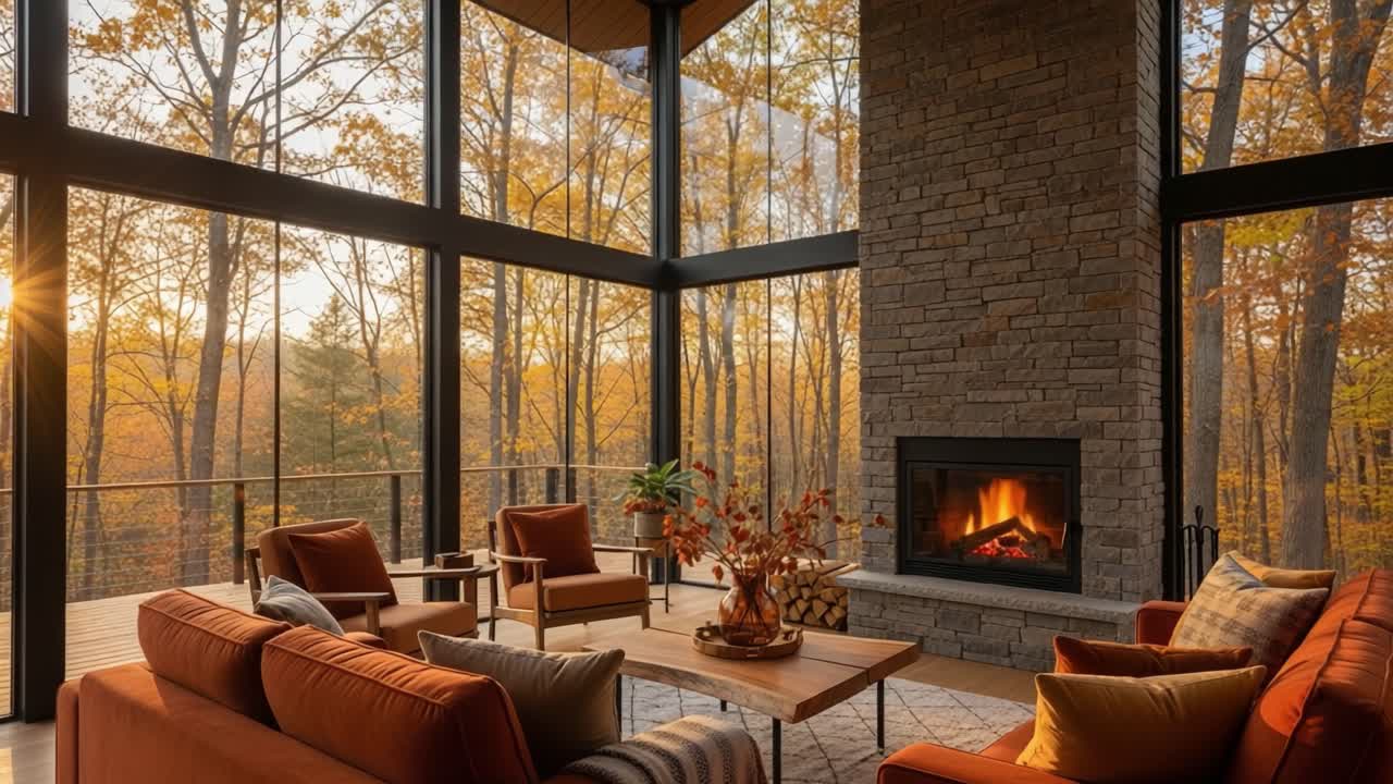 Captivating Autumn Living Space with Panoramic Windows Showcasing Scenic Fall Foliage and a Cozy Fireplace, Perfect for Relaxation and Enjoying Nature