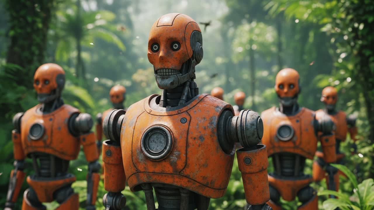 A Mysterious Assembly of Vintage Robots in a Lush Jungle Setting, Blending Nature with Futuristic Technology in a Striking Visual Contrast