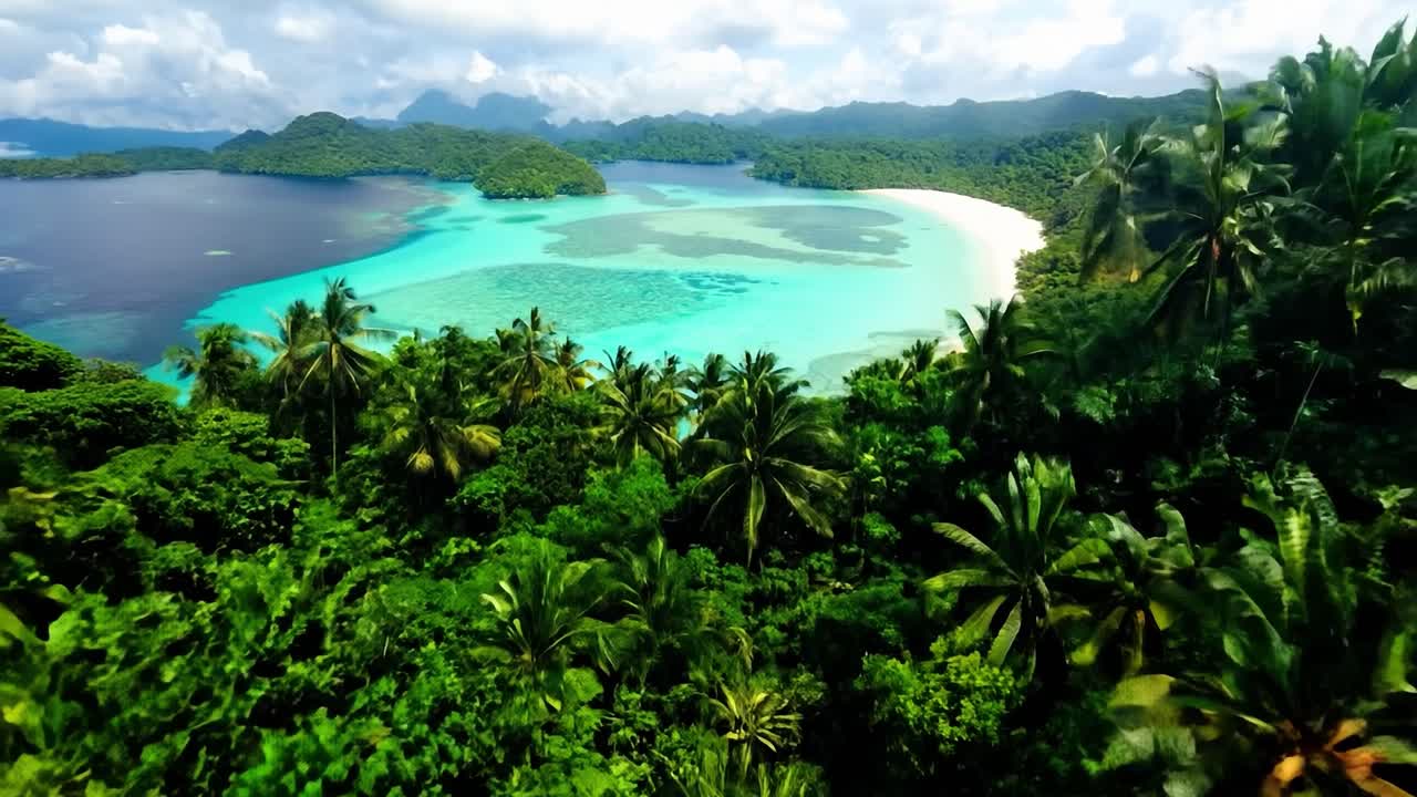 Luftfoto af en tropisk ø med hvid sandstrand og frodig grøn vegetation