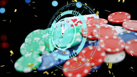 animación de confeti, reloj, escaneo de alcance con fichas de juego