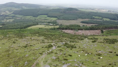 Aerial-view-of-mountain-sheep-grazing-alongside-hikers-on-the-trail