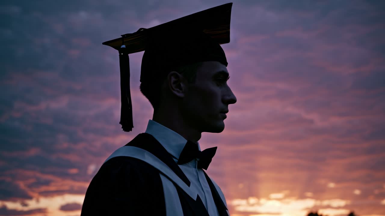 Videon fångar en student i silhuett mot en livfull solnedgång, vilket symboliserar en nystart.