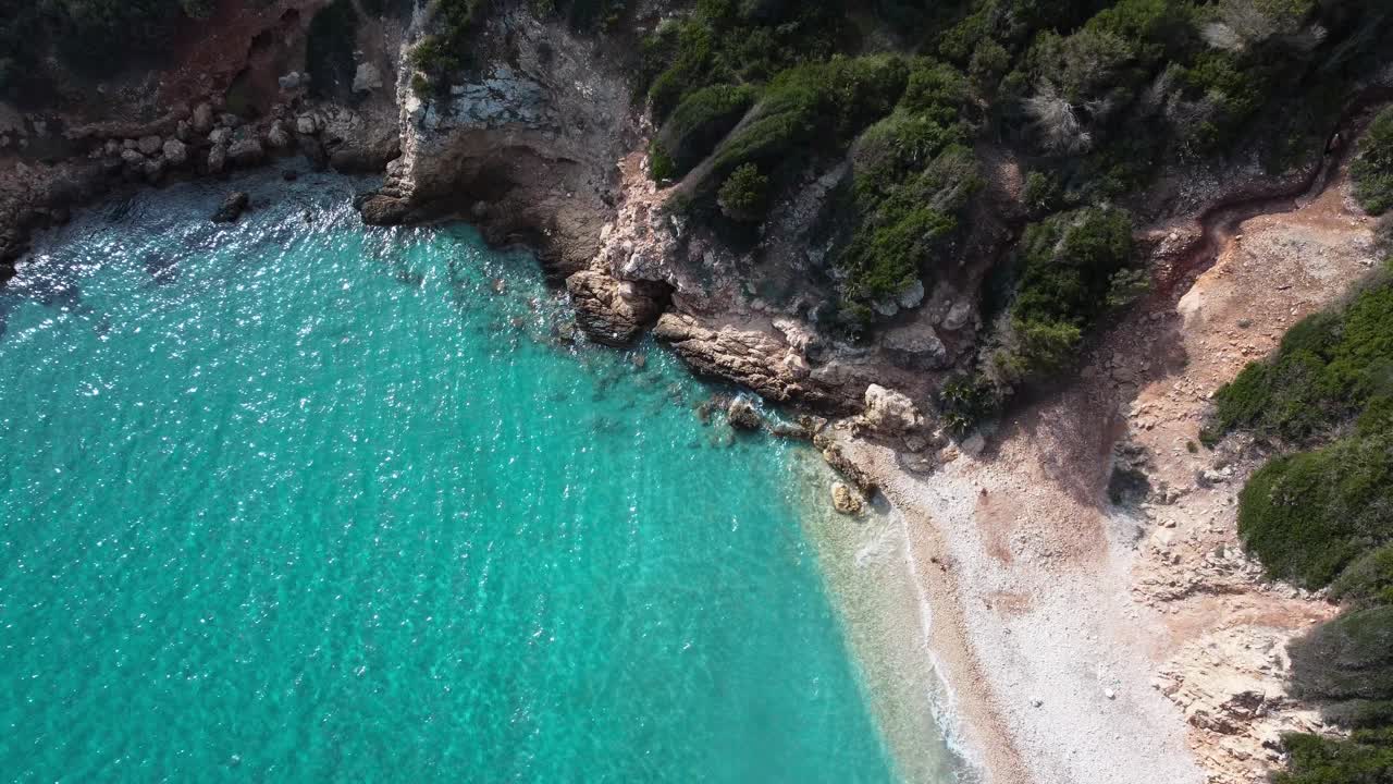 Dream vacation beach bay, turquoise Sardinian water, aerial drone view, day