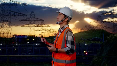 electrical engineer inspecting power station at sunset