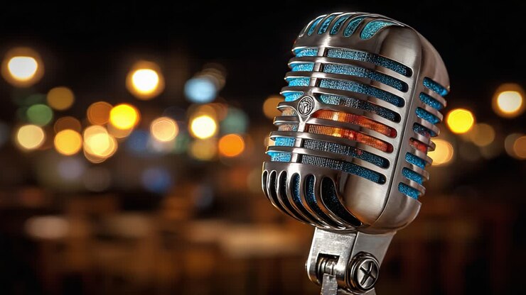 Uno straordinario primo piano di un microfono vintage che brilla intensamente su uno sfondo da sogno di luci bokeh soffuse, perfetto per temi musicali e di performance