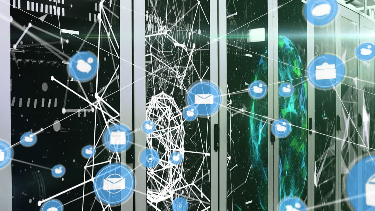 Animation of network of connections with icons over servers