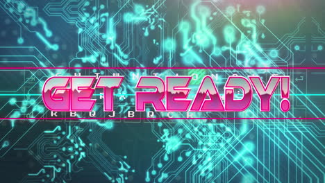 animation of get ready text over neon lines and computer circuit board