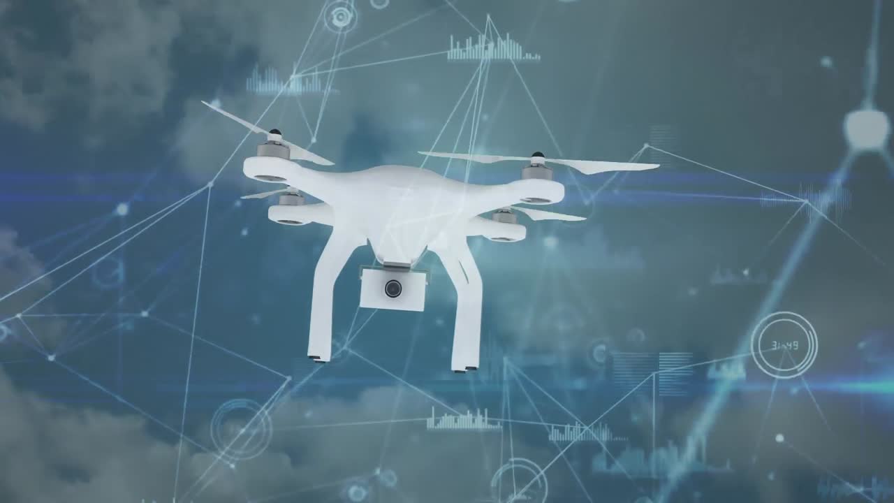 데이터 처리 및 연결 네트워크 위를 날아다니는 드론의 애니메이션