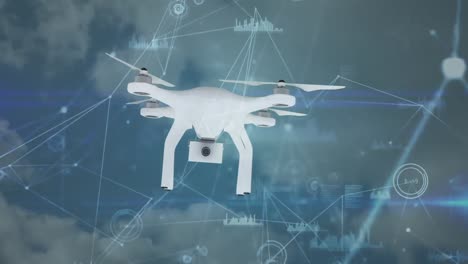 animation of drone flying over data processing and network of connections