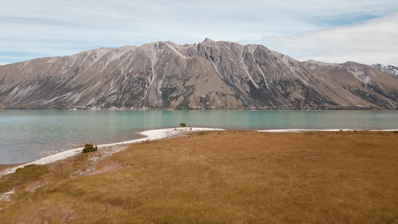 pastizales secos en la orilla del lago azul brillante en los alpes del sur de nueva zelanda