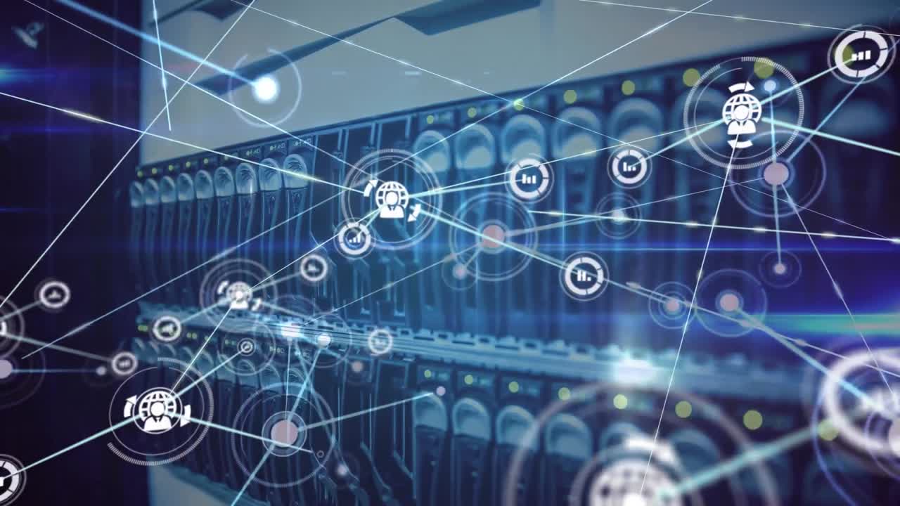 Animation of network of connections with icons and data processing over computer server