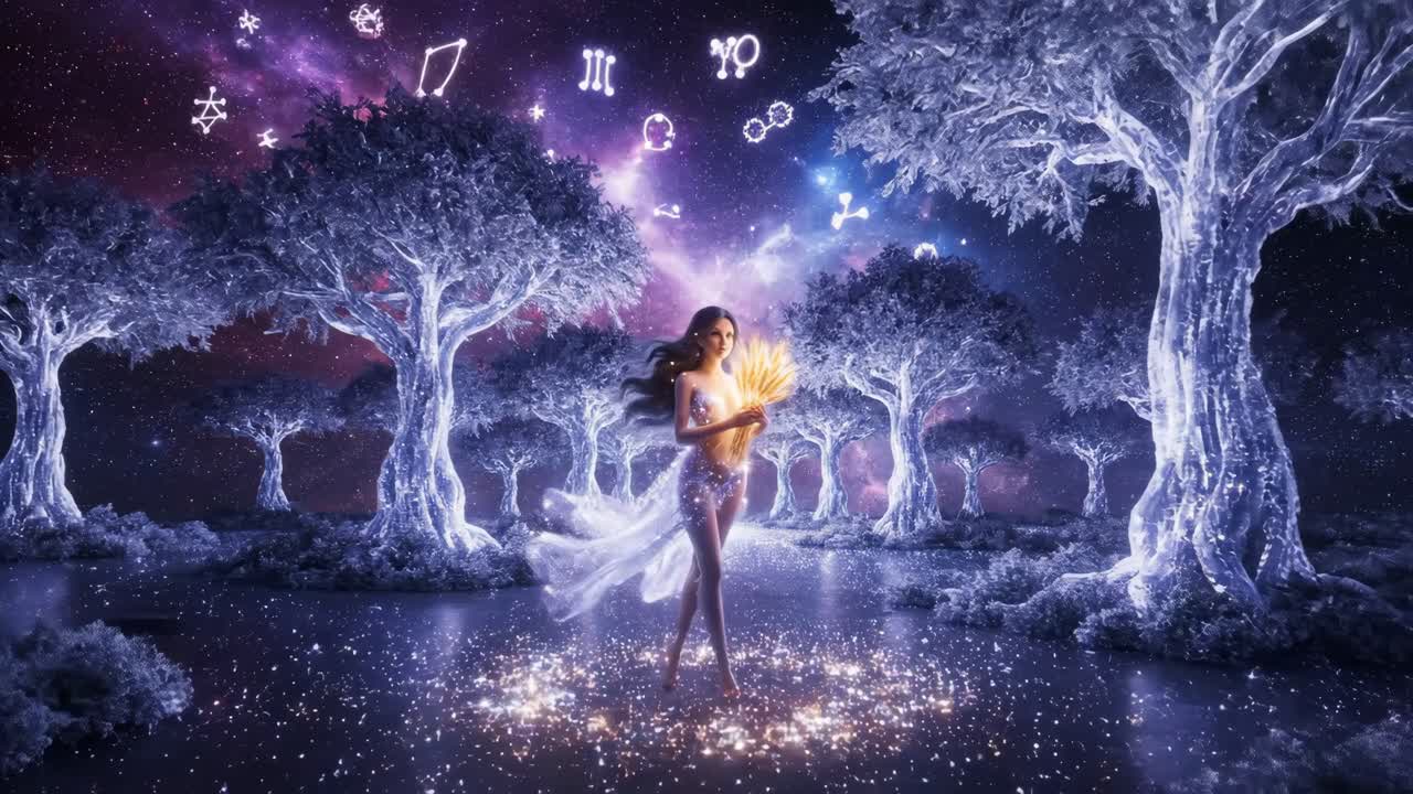 Enigmatic woman in flowing gown stands amidst glowing trees, holding radiant light, as cosmic symbols illuminate the mystical forest, showcasing a captivating celestial scene