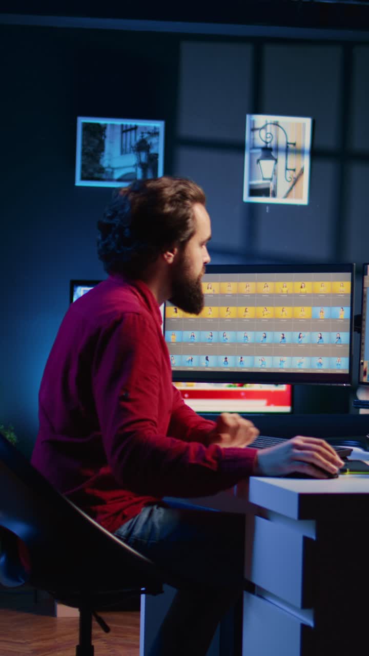 Vertical video Photographer feeling tired from using photo editing software on PC display, drinking coffee