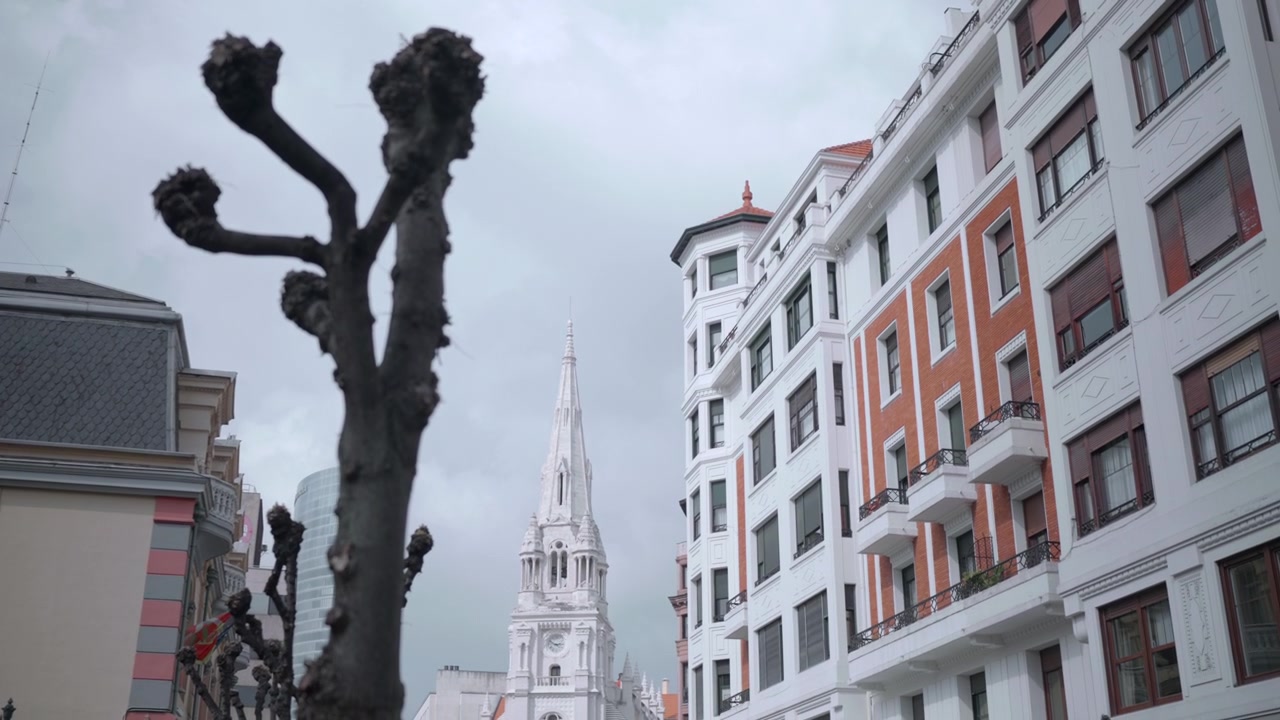 Pemandangan dari permukaan jalan melihat ke atas melewati batang pohon yang dipangkas menuju fasad bata dan batu berukir, atap batu tulis, menara gereja tinggi, dan cakrawala kota yang jauh di bawah cahaya mendung yang lembut