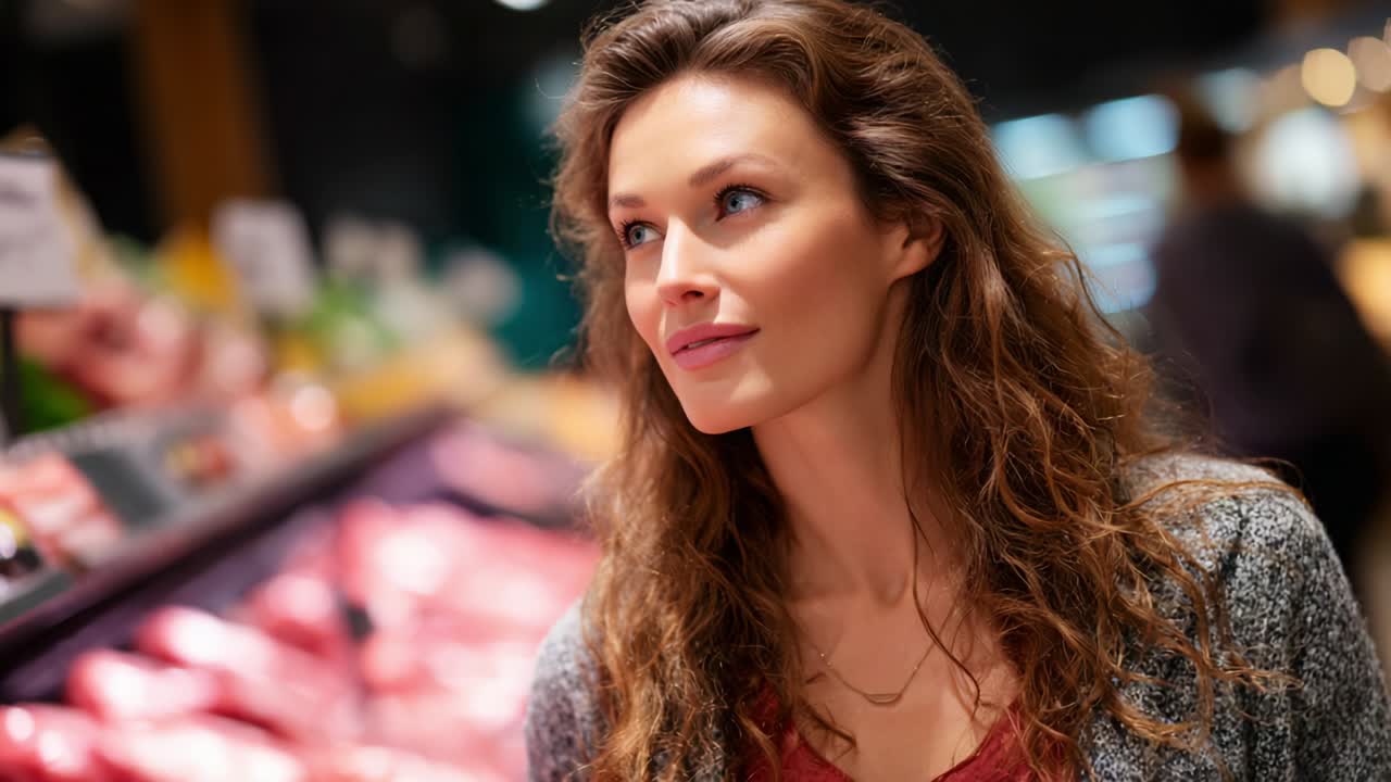 A Thoughtful Woman Considering Her Choices in a Grocery Store Meat Section, Surrounded by Fresh Produce and Various Cuts of Meat, Capturing the Essence of Modern Grocery Shopping
