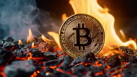 bitcoin coin on burning coals amidst flames