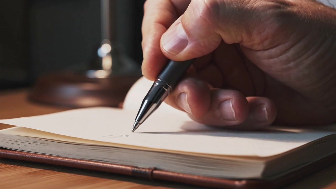 Entering frame male hand lowering pen, taking notes at wooden desk with leather notebook, cuff