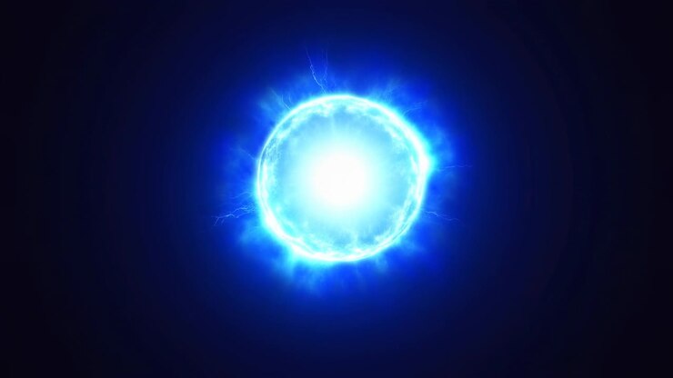 Sfera di energia blu pulsante in un nucleo scuro, sfera di plasma fantascientifica che irradia archi elettrici attorno a un nucleo luminoso.