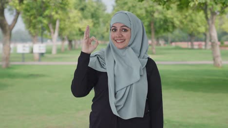 happy muslim woman showing okay sign in park