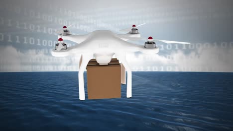 entrega de drones y códigos binarios contra el cielo nublado y el océano