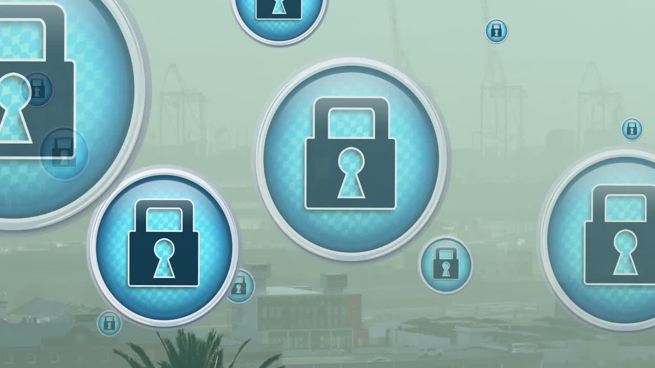 animación de múltiples iconos de cerraduras de seguridad flotando contra la vista aérea del paisaje urbano.