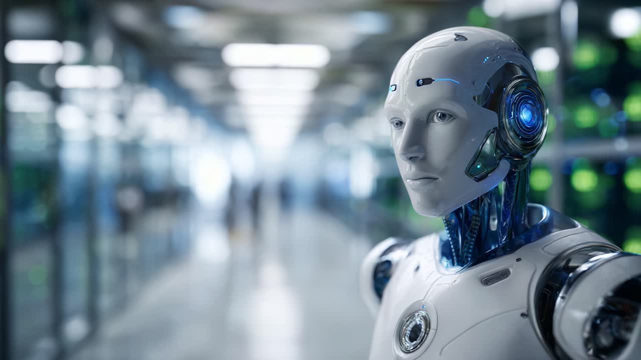 Robot umanoide futuristico con tecnologia avanzata in un ambiente elegante, che mette in mostra design e capacità sofisticati, pronto per l'interazione e l'innovazione