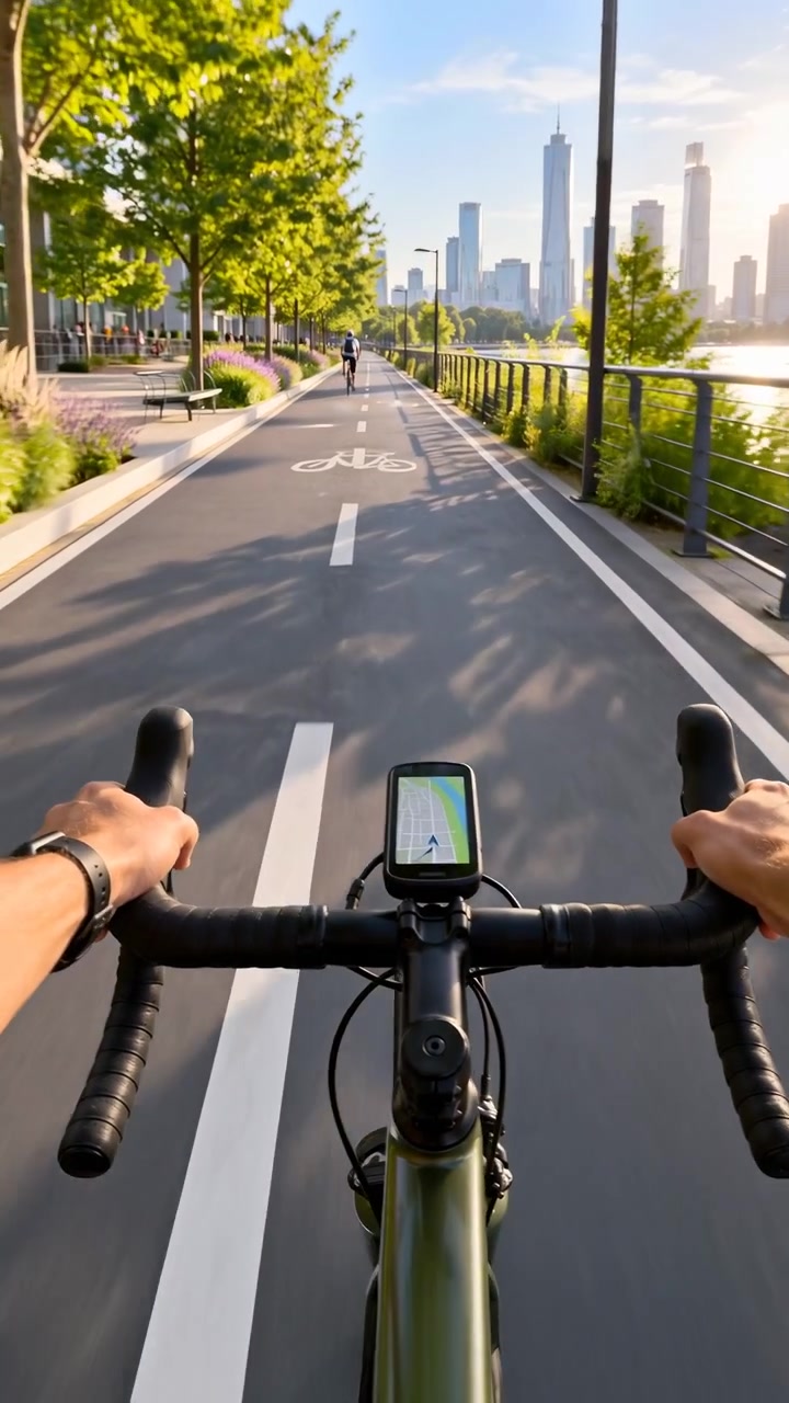 First-person view follows steady cycling along a sunlit paved bike path beside water, with lane arrows and bicycle symbols leading toward trees, railings, lamps, and skyline.