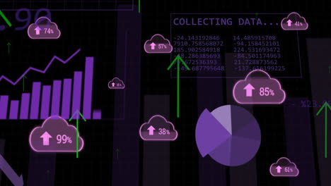 animación del procesamiento de datos financieros a través de nubes digitales.