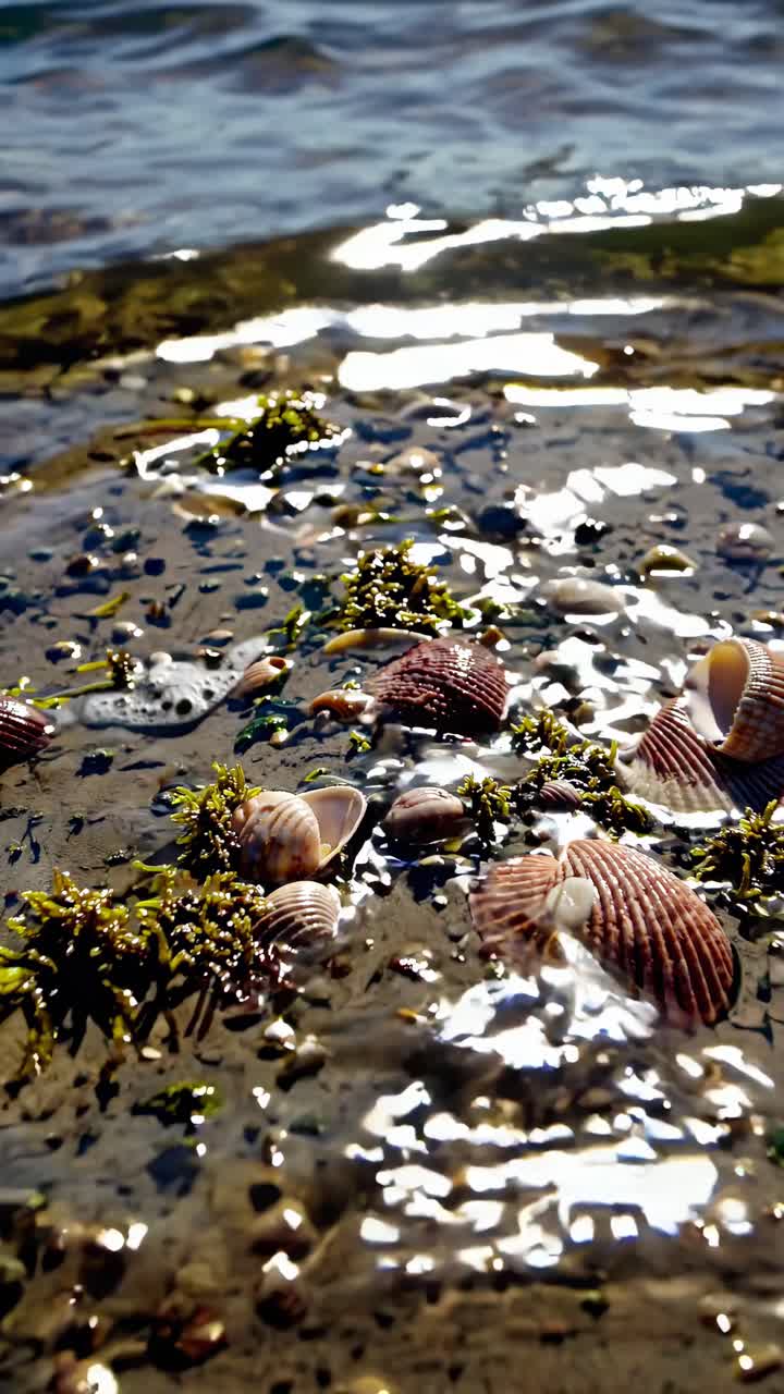 Low-angle video shot of seashells and seaweed on a sunlit shore, capturing the shimmering water