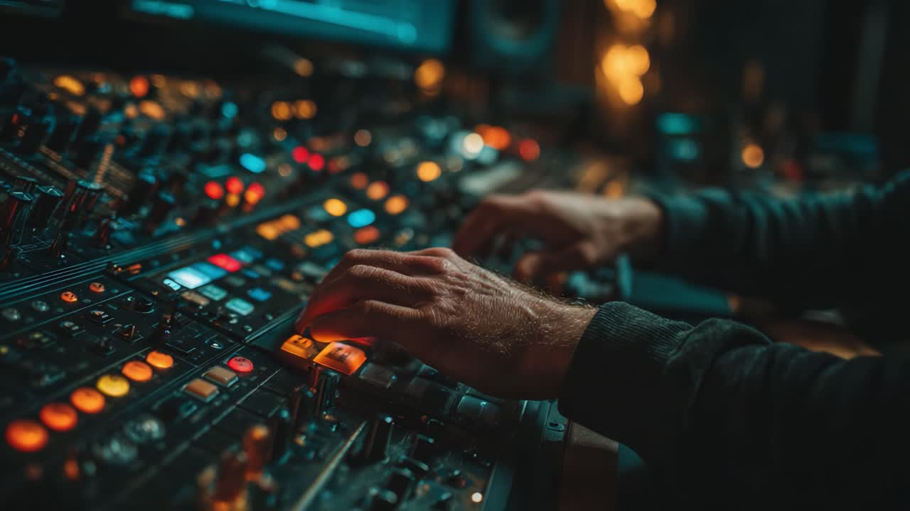 A Close-Up View of Expert Hands Skillfully Manipulating Sound Controls on a Professional Audio Mixing Console, Enhancing Music Production Quality and Detail