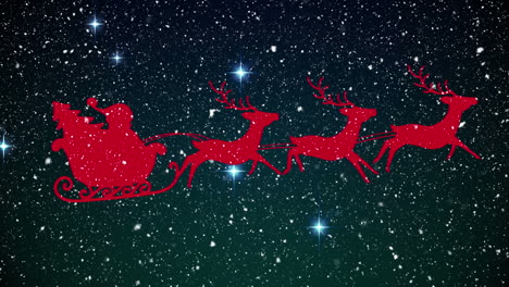 animation of santa claus in sleigh with reindeer over snow falling and stars