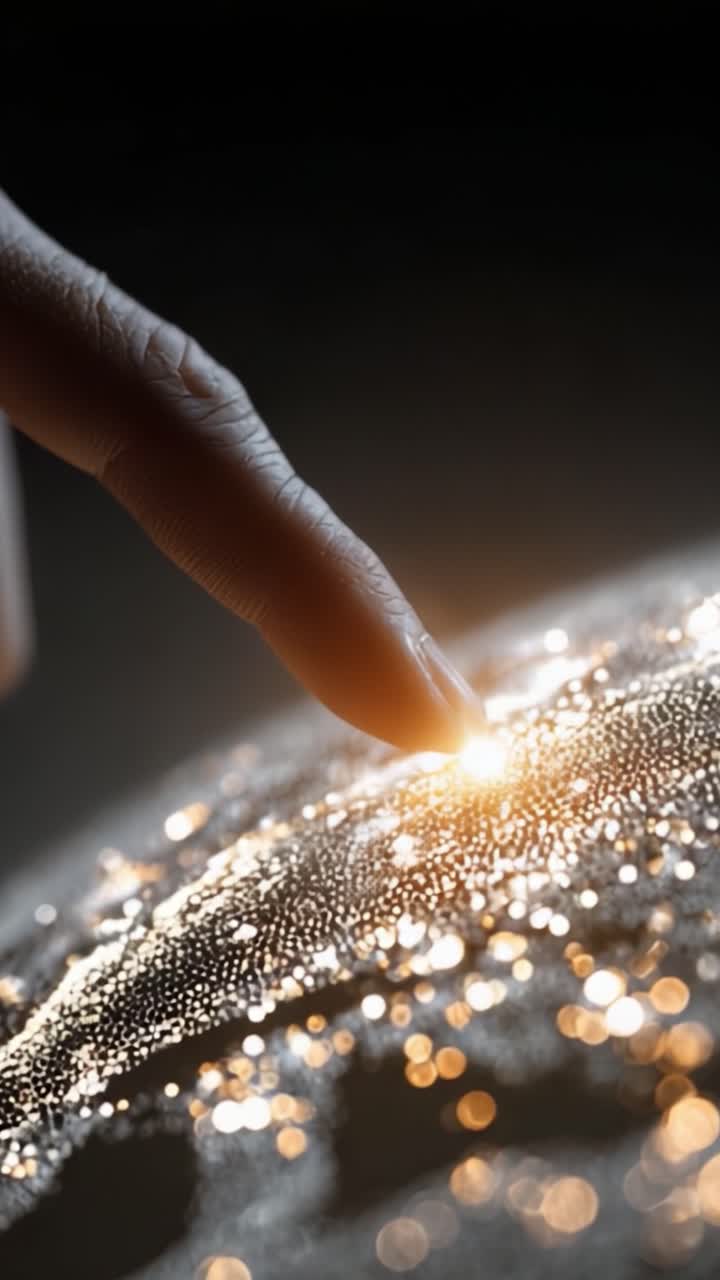 Un primo piano di un dito umano che tocca una superficie globulare scintillante, illuminando uno spettacolo abbagliante di luce e texture, evocando un senso di connessione con l'universo.