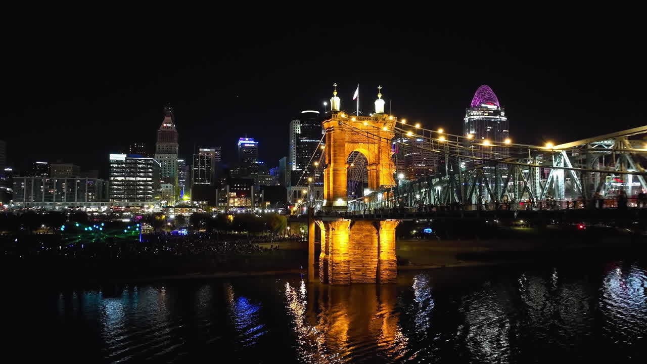 Night View of the Roebling Suspension Bridge in Cincinnati, Ohio