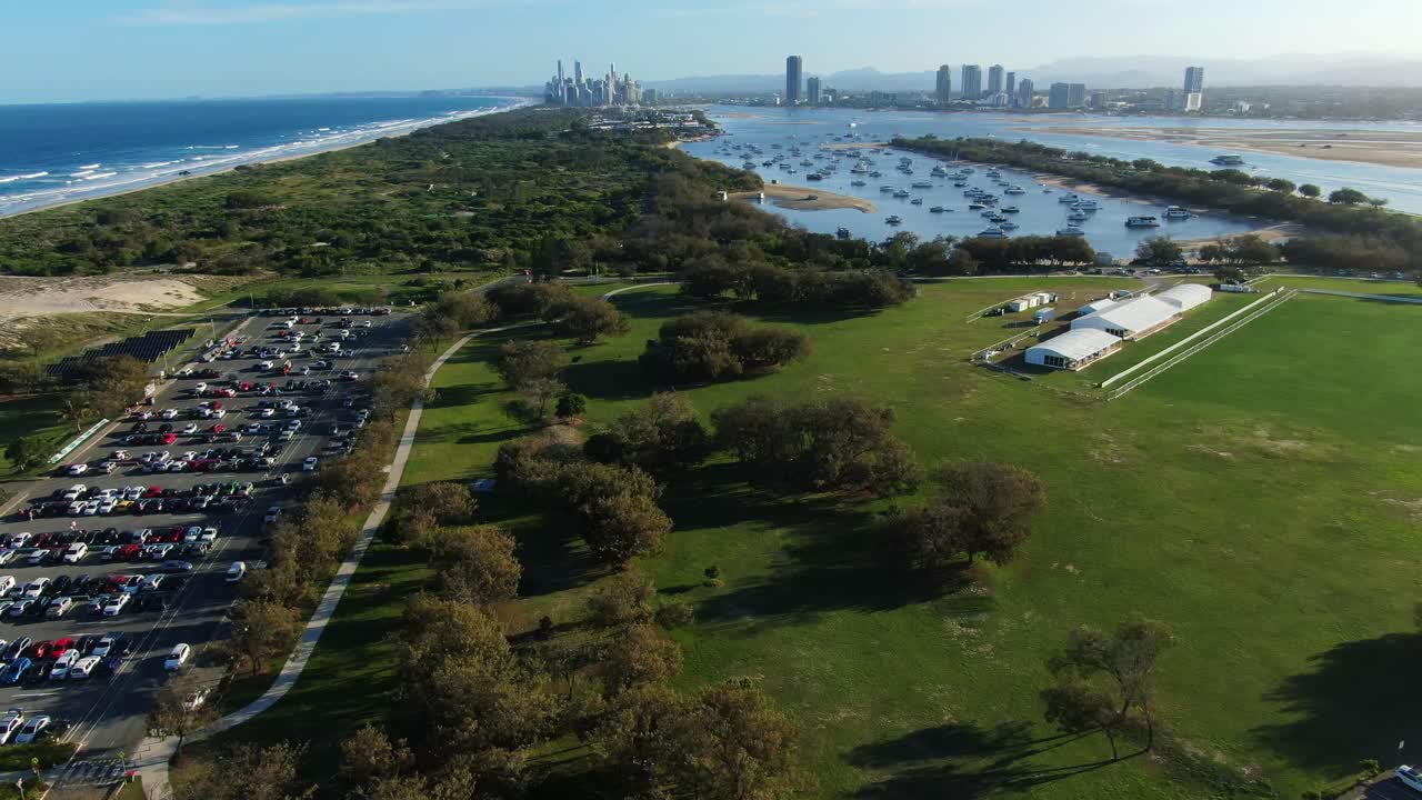Southport spit, view of Surfers Paradise. Sunset,Drone,Yaw right