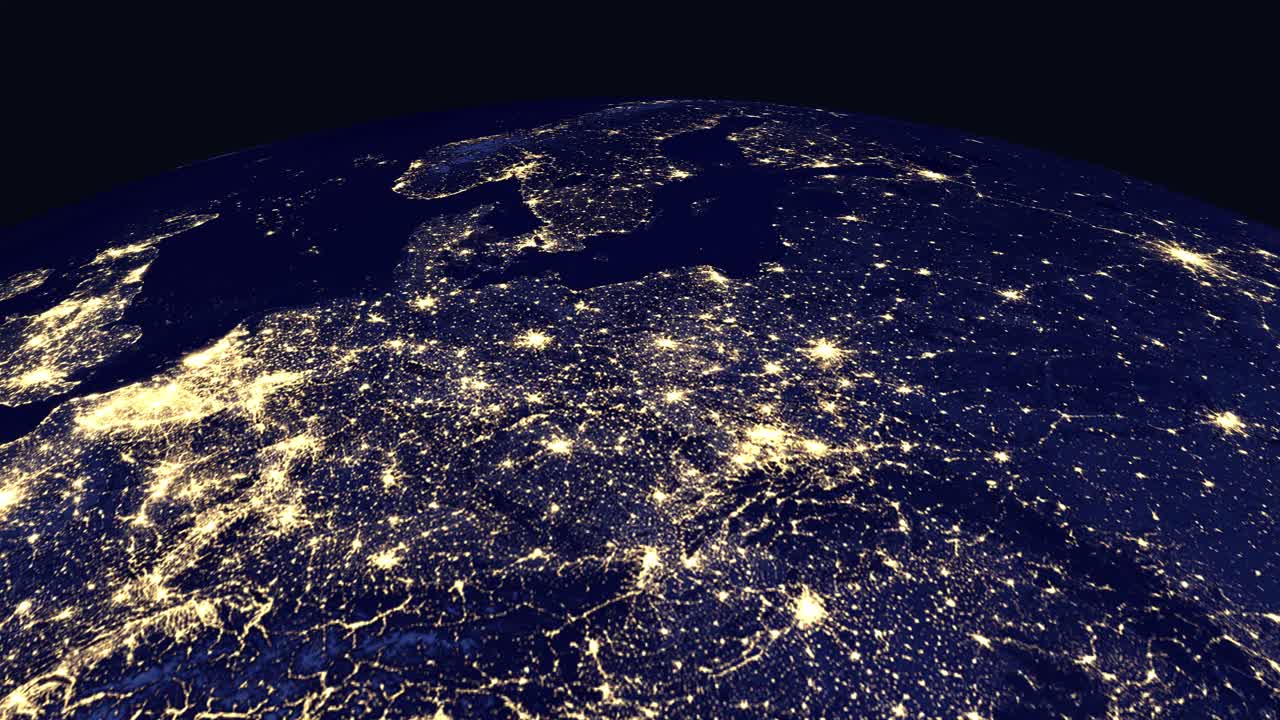 Digital globe rotates and zooms into Europe at night, highlighting Berlin with a red marker