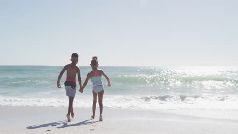 Afroamerikanische-Geschwister-Laufen-Und-Tragen-Badeanzüge-Am-Sonnigen-Strand