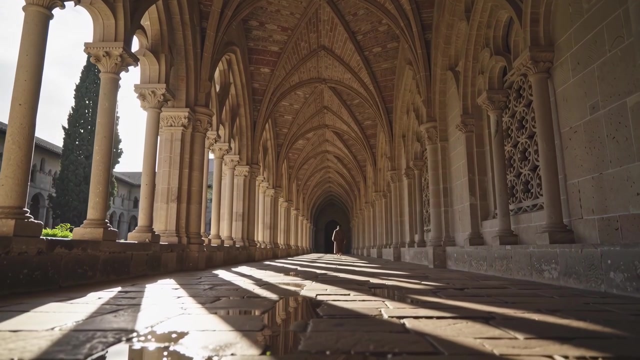 Luce solare e ombre in un chiostro di monastero storico con riflessi