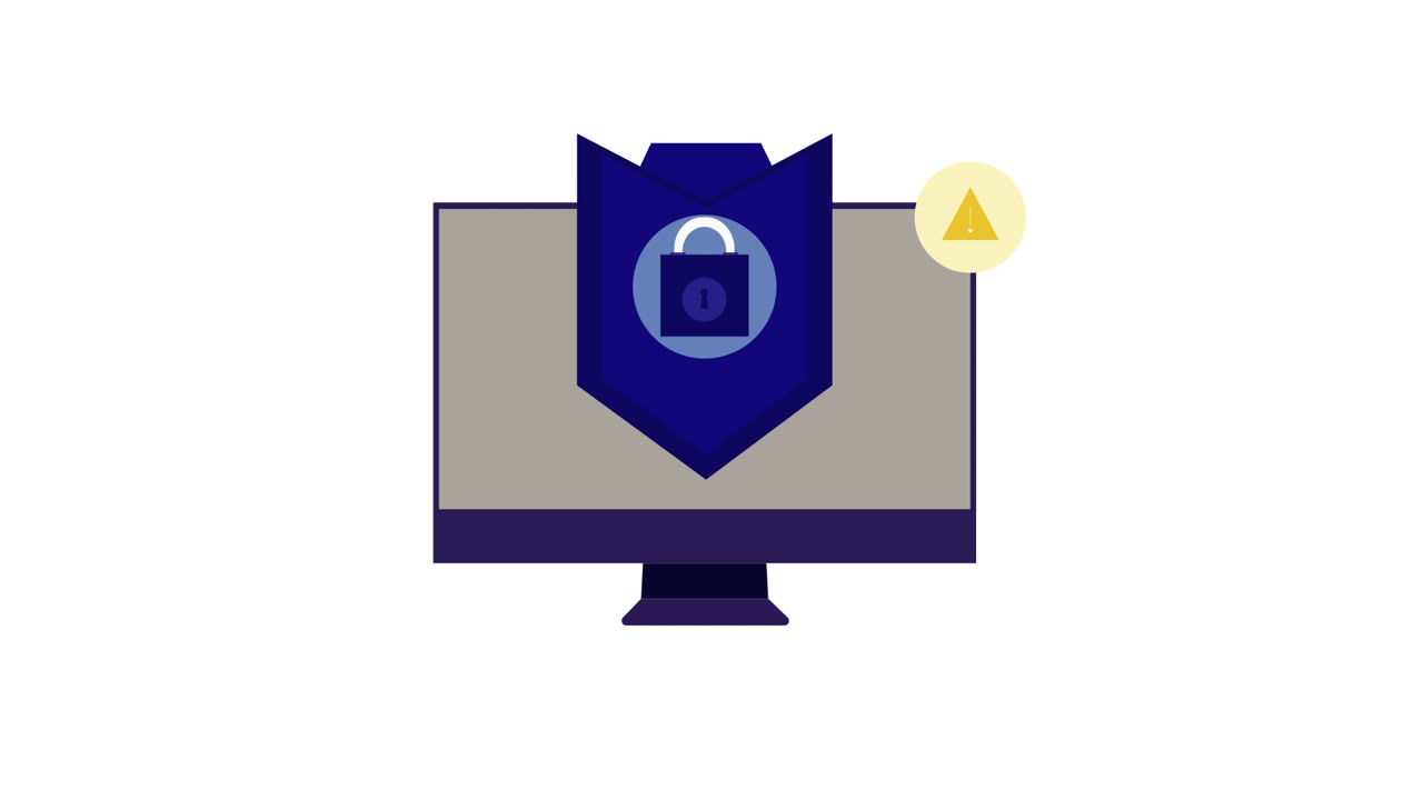 Monitor di computer animato con scudo di sicurezza e icona di avviso