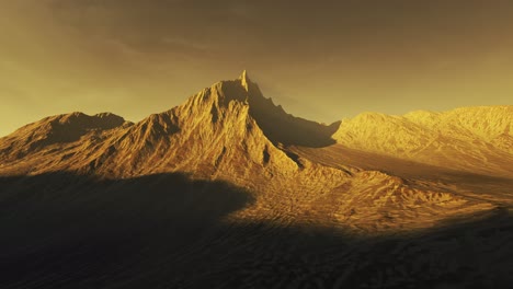 Mountain-peak-on-a-vast,-natural-desert-during-a-beautiful-sunset-in-the-summer.-Camera-is-fixed-to-the-peak-and-rotating-around-the-volcano-showing-a-natural,-dry,-rocky-landscape-with-nobody-around.